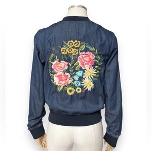 ROSIO Floral Embroidered Cropped Lightweight Denim Baseball Bomber Jacket